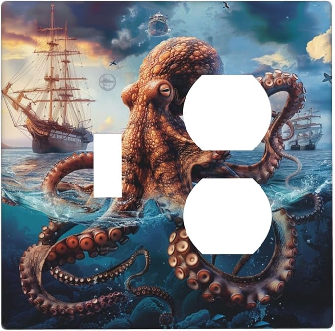 Outlet Covers Deep Ocean Octopus Sailboat Sea Monster 2 Gang Decorative Switch Plates 1 Toggle Duplex Combo Light Switch Cover GFCI Socket Cover WallPlates for Bathroom Bedroom Decor