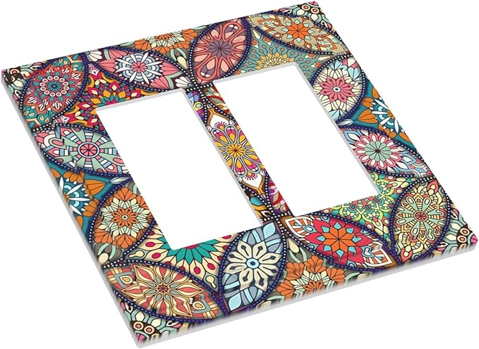 Boho Floral Pretty Colorful Mandala Flowers Decorative Outlet Covers 2 Gang Double GFCI Rocker Electrical Wall Panels Light Switch Cover Plate for Bedroom Living Room Decor