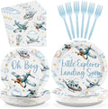 Grencian 96Pcs Airplane Baby Shower Decorations Airplane Boy Baby Shower Paper Plates and Napkins Disposable Party Supplies Plates for Boys Little Explorer Landing Soon Adventure Party Decorations