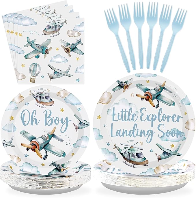 Grencian 96Pcs Airplane Baby Shower Decorations Airplane Boy Baby Shower Paper Plates and Napkins Disposable Party Supplies Plates for Boys Little Explorer Landing Soon Adventure Party Decorations
