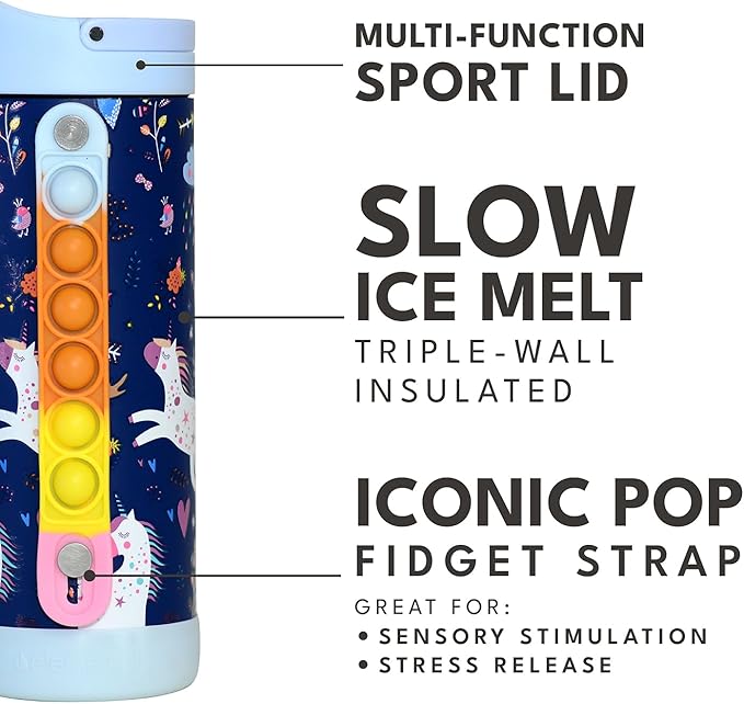 Elemental Iconic Kids Water Bottle for School - 100% Leak-Proof Insulated Water Bottles with Straw Lid & Pop-It Handle for Boys & Girls - Triple-Wall Insulated & BPA-Free, 14oz – Unicorn