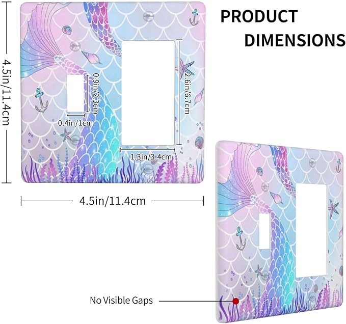 Purple Pink Mermaid Tail Scales Starfish Decorative Single Toggle/Rocker Combo Light Switch Cover 2-Gang Cute Kids Girl Electrical Wall Plate Double Combination Switch Decorator GFCI Receptacle Cover