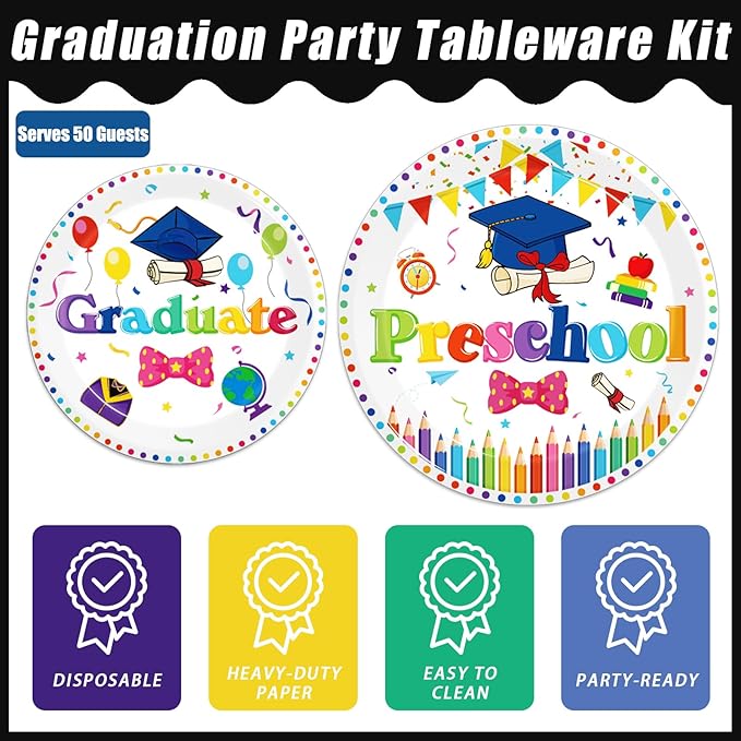 Kepeel 200Pcs Preschool Graduation Party Tableware Set, 2026 Pre-K Grad Party Supplies Decorations Preschool Kindergarten Graduate Party Dessert Plates Napkins Favor for Boys Girls, Serves 50 (White)