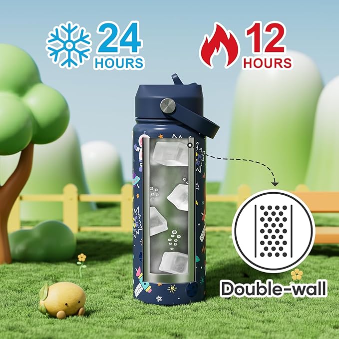 KEWIXY 18 oz Kids Water Bottle for School with Straw, Leak Proof, Stainless Steel with Easy Flip and Handle, Reusable, Metal, Insulated, Backpack-side Fit, for Boys Little Space Fans (Space Blue)
