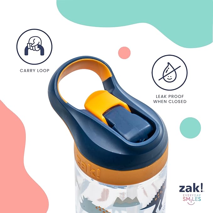 Zak Designs Atlantic Kids Water Bottle For School or Travel, 16oz Durable Plastic Water Bottle With Straw, Handle, and Leak-Proof, Pop-Up Spout Cover, 2-Pack (Zaksaurus and Safari)