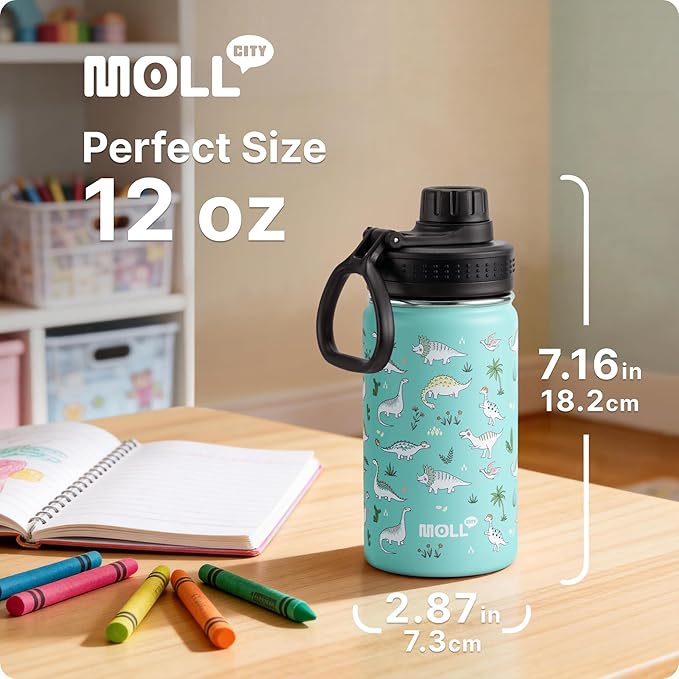 Small Water Bottle-12 oz Water Bottles for School, Stainless Steel Double Wall Insulated Water Bottle BPA Free, Lightweight, Gifts for Boys, Girls-Dinosaur
