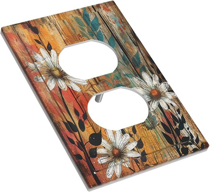 Decorative Outlet Covers Vintage Wooden Daisies Butterflies Floral 1 Gang Duplex Light Switch Cover Plate Electrical Switch plates Wall Plates Receptacle Covers for Bathroom Farmhouse Decor