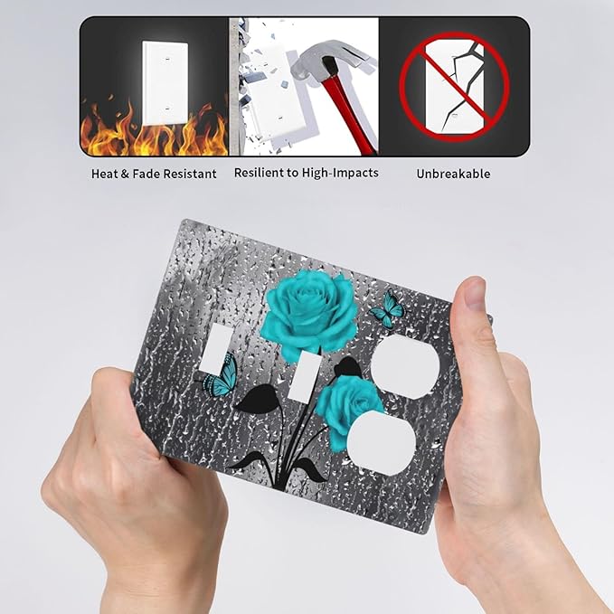 Women Elegant Turquoise Teal Blue Gray Rose Flower Raindrop Floral Butterfly 2 Toggle 1 Duplex Receptacle Light Switch Wall Plates and Outlet Cover Triple Device Combo Two Toggle One Receptacle Cover