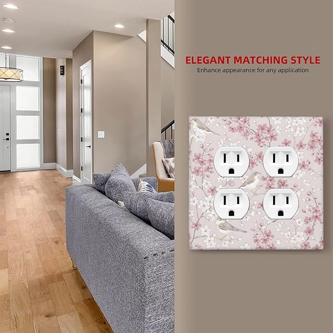 Pink Sakura Cherry Blossom Vintage Bird Floral Flower Outlet Covers 2 Gang Double Duplex Decorative Light Switch Covers Electrical Wallplates Socket Faceplate for Bedroom Living Room Decor