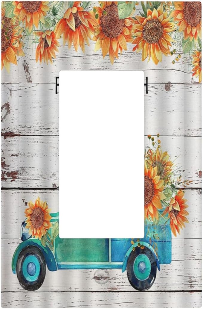 Decorative Outlet Covers Teal Farm Truck Pulling Sunflowers 1 Gang Single Decora GFCI Device Light Switch Cover Plate 1 Rocker Wall Plate Jumbo Switch Plate Cover for Farmhouse Bathroom Decor