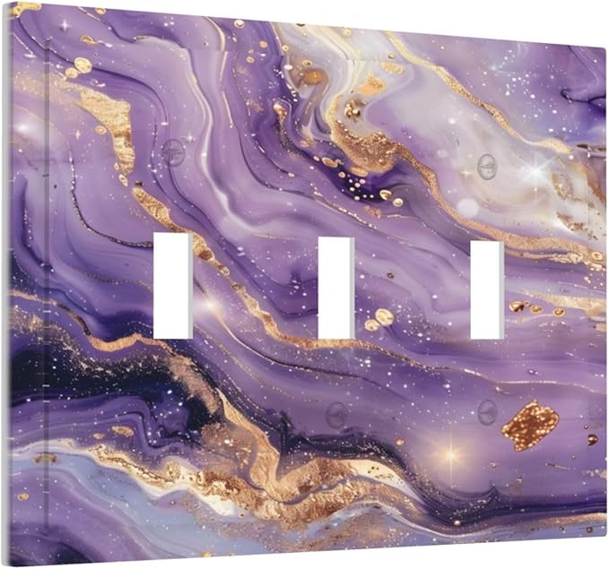 Abstract Purple Gold Marble Texure Luxurious Decorative Switch Plates 3 Gang Wall Plate Triple Toggle Light Switch Cover Faceplate Electrical Wall Panels for Bathroom Living Room Decor