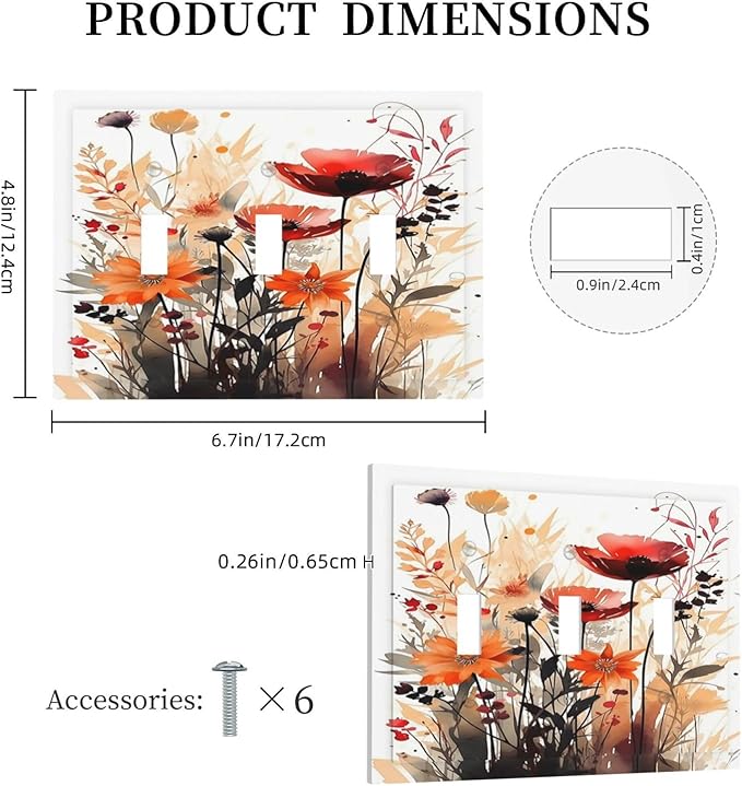Decorative Switch Plates Country Watercolor Flowers Art Wildflower 3 Gang Wall Plate Faceplate Triple Toggle Light Switch Cover Electrical Wall Panels for Bedroom Cabin Decor