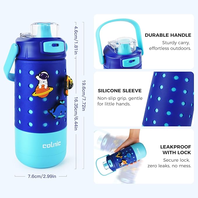 Kids Water Bottle for School 12 oz,Kids Vacuum Insulated Stainless Steel Water Bottles,Toddler Boy Water Bottle for School with Leak Proof Locking Lid(Ocean Blue)
