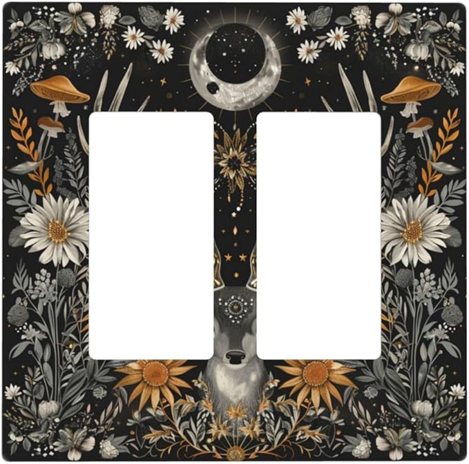 Light Switch Cover Plate Vintage Deer Flowers Moon Natural Plants Floral 2 Gang Double Rocker Outlet Covers Decorative Switch plates Electrical Wall Plates GFCI Receptacle for Bathroom Bedroom