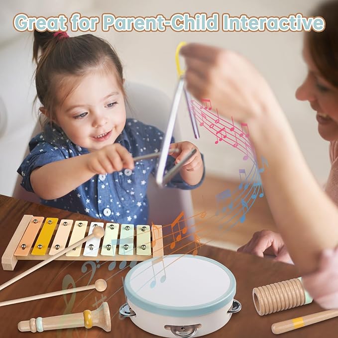 Baby Musical Instruments - Toddler Musical Toys Montessori Wooden Xylophone Maracas Tambourine Percussion Set for 1 2 3 Year Old, Kids Educational Music Learning Toys, Birthday Gifts for Boys Girls