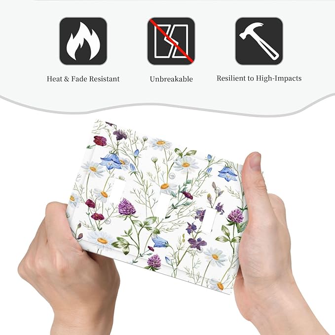 Floral Boho Multicolor Flower Plant Leaves Decorative Switch Plates 3 Gang Wall Plate Triple Toggle Light Switch Cover Faceplate Electrical Wall Panels for Bedroom Living Room Decor