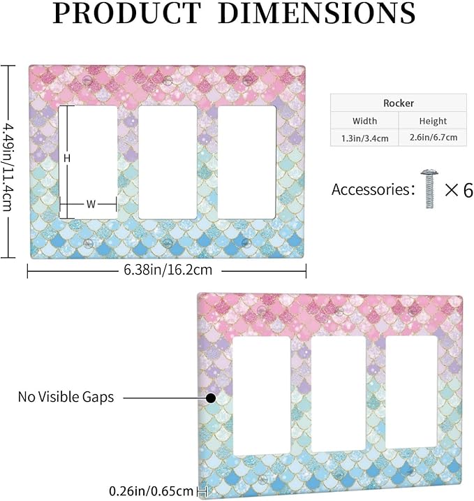 Colorful Mermaid Scales 3 Gang Rocker Light Switch Plate Cute Blue Triple Decora Outlet Wall Cover Faceplate Decorative Switchplate for Bathroom Girls Bedroom Kids Baby Nursery Living Room Decorate