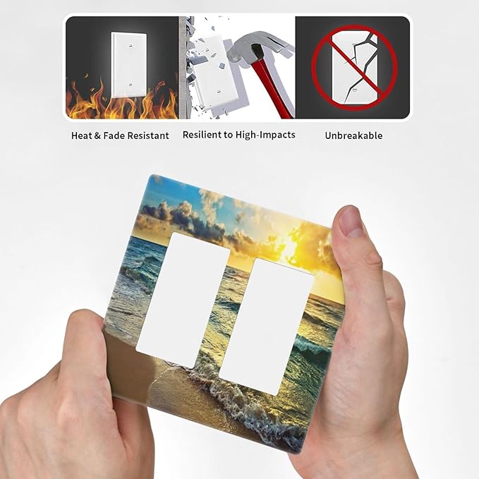 Sea Ocean Beach Sun Wave Sunrise 2 Gang Double Rocker/Decora Light Switch Cover Decorative Outlet Wall Plate Electrical Faceplate Home Family Art Decor Screwless