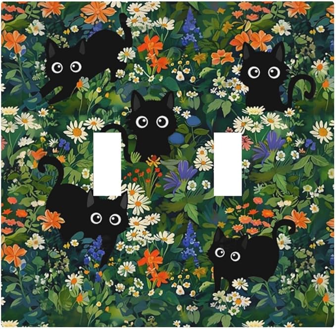 Green Funny Boho Cute Black Pets Cats Paw Double Toggle Wall Plate Cartoon Spring Garden Nursery Kid Girl Boy Kittens Decorative 2-Gang Light Switch Cover Electrical Receptacle Outlet Face Plate Cover