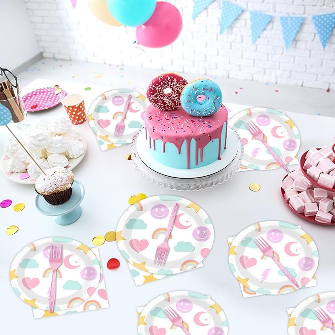 96Pcs Pastel Rainbow Party Plates and Napkins for Smlie Face Preppy Birthday Supplies Unicorn Themed Paper Dessert Plates Smile Tableware Set for Kids Boys 24 Guests Birthday Party Decorations