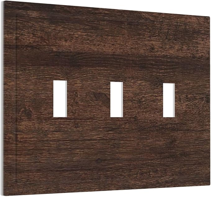 Decorative Switch Plate Cover with Rustic Dark Wood Grain & Vintage Style Design 3 Gang Artistic Wall Plate Unique Triple Toggle Light Switch Covers for Kitchen/Living Room