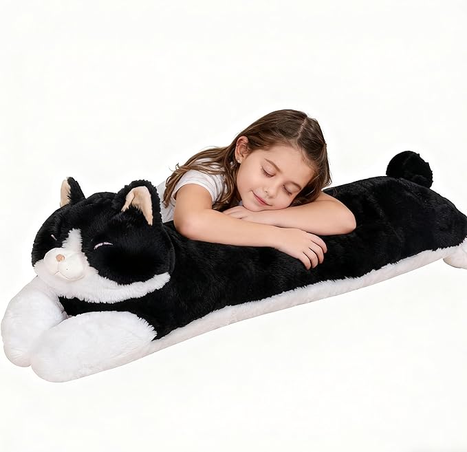 32 inch Large Stuffed Animal Cat Plush Toy, Big Long Cat Stuffed Animal Body Pillow, Black & White Kitty Stuffy Plushie Gift for Kids Boys Girls, Birthday