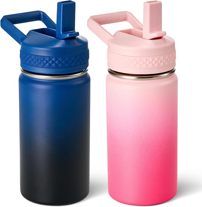 Fijinhom 12 oz Toddler Bottle, 2 Pack Kids Water Bottle for School Boys & Girls with Straws Lids, 304 Stainless Steel Vacuum Insulated Thermos, BPA-Free, Blue Black + Cherry Blossom