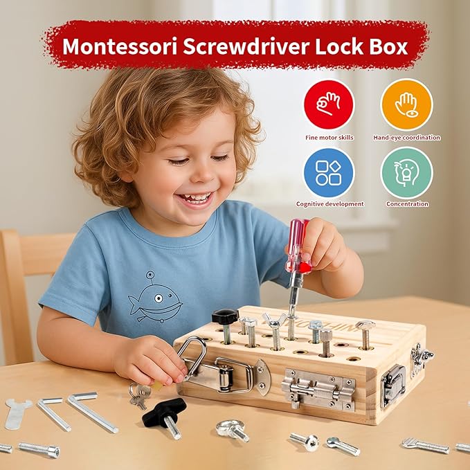 INIFEIDALA Montessori Busy Board - Wooden Sensory Activity Toy for 3-5 Year Olds with Locks, Keys & Screwdriver Tool Set | STEM Educational Gift for Fine Motor Skill Development