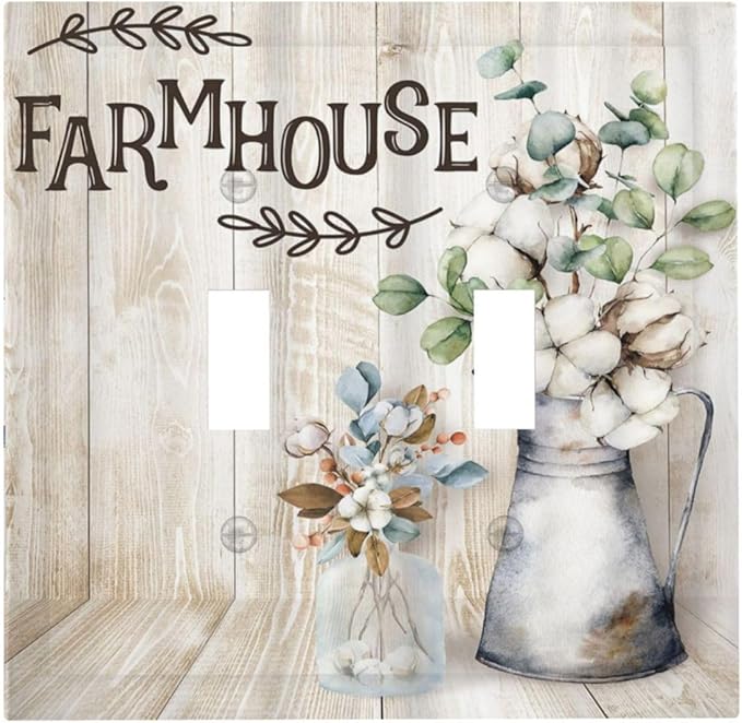 Decorative Switch Plate Covers Farmhouse Floral Cotton 2 Gang Double Toggle Light Switch Cover Rustic Country Flower Electric Wall Plate Dual Device Electrical Faceplate for Country Bedroom