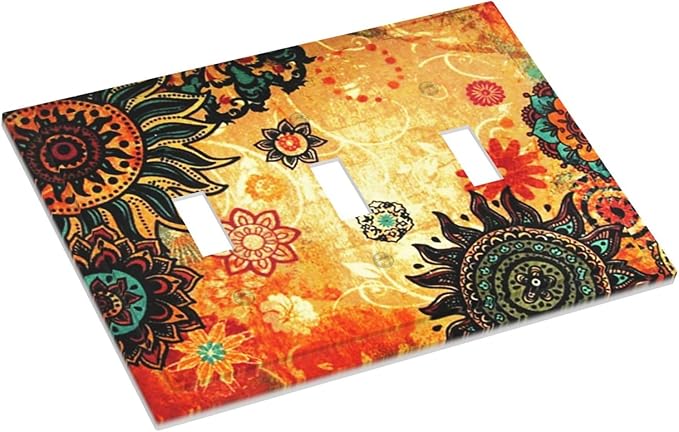 Retro Red Mandala Boho Floral Triple Toggle Device Switch Wall Plate 3-Gang Light Switch Cover Burnt Orange Sunflower Vintage Bohemian Flower Decorative Decorator Wallplate Switchplate Room Decorate
