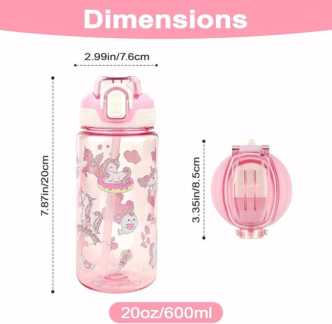 Kids Water Bottle for School or Travel, 20 Oz 2 Pack Durable Plastic Water Bottle with Silicone Straw and Pop-Up Spout Cover, BPA Free & Dishwasher Safe(Unicorn & Dinosaur)