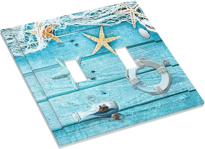 Turquoise Teal Fishing Net Wood Plank 2 Gang Double Toggle Light Switch Cover Electric Wall Plate Electrical Faceplate for Bathroom Home Living Room Jumbo Size Decor