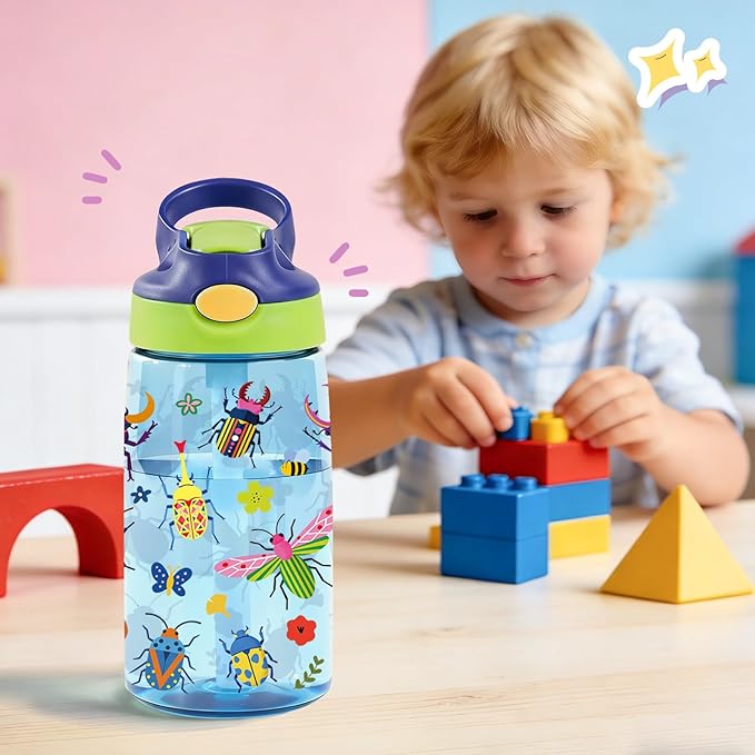 14oz Kids Water Bottle with Straw - Ladybug Water Bottle For School Leakproof Lightweight Durable Plastic Bottles with Straw for Kids Travel, Gift Cup for Children, Pop-Up Spout Cover(Insect)
