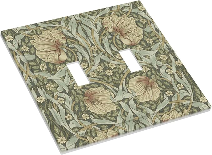 William Morris Pimpernel Flowers 2 Gang Light Switch Cover Vintage Floral Green Botanical Double Toggle Wall Plate Decorative Electrical Switchplate Covers for Country Bedroom Home Décor