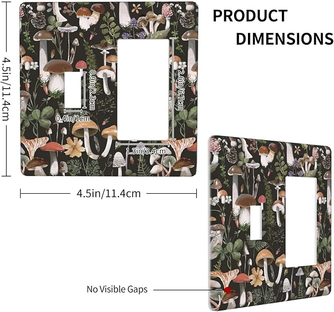 Black Boho Moth Botanic Mushroom 2 Gang Single Toggle/Decorator Combination Light Switch Cover Decorative Combo 1-Toggle/1-GFCI/Rocker Wall Plate Cover