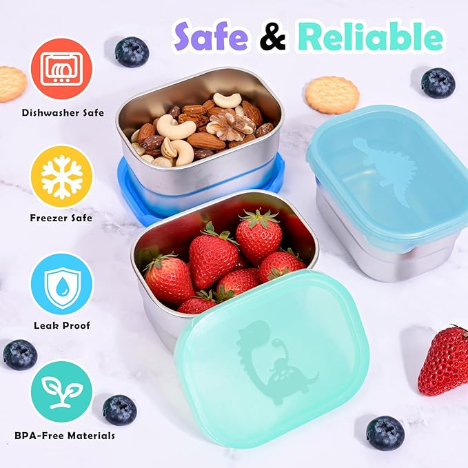 Tanjiae 3×8oz Small Stainless Steel Snack Containers for Kids & Toddlers - 230mL Leakproof Food Containers with Cute Dino Lids | LFGB Certified, Stackable Metal Snack Box for Daycare, School, Travel