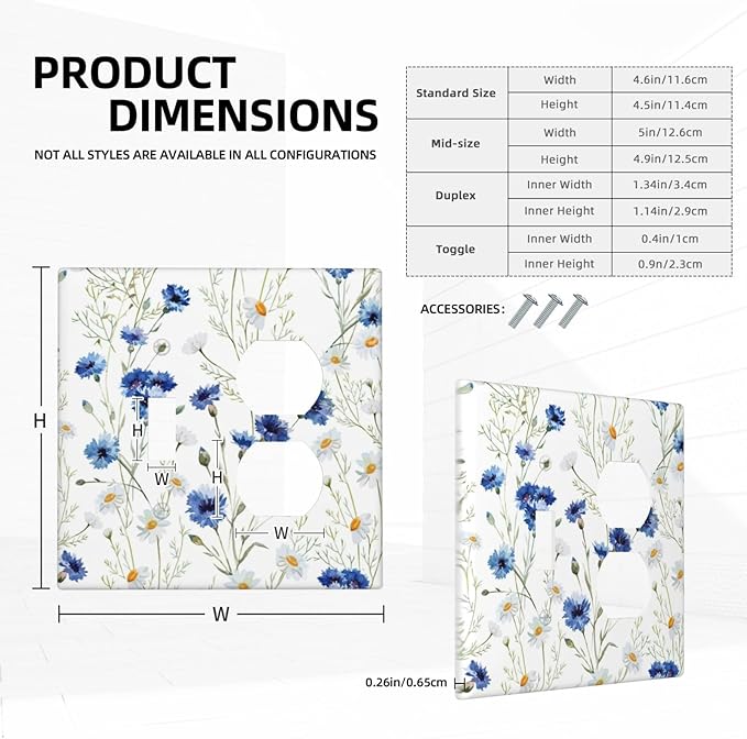 Outlet Covers Watercolor Daisy Blue Floral Vintage Plant 2 Gang Decorative Switch Plates 1 Toggle Duplex Combo Light Switch Cover GFCI Socket Cover WallPlates for Bedroom Home Decor