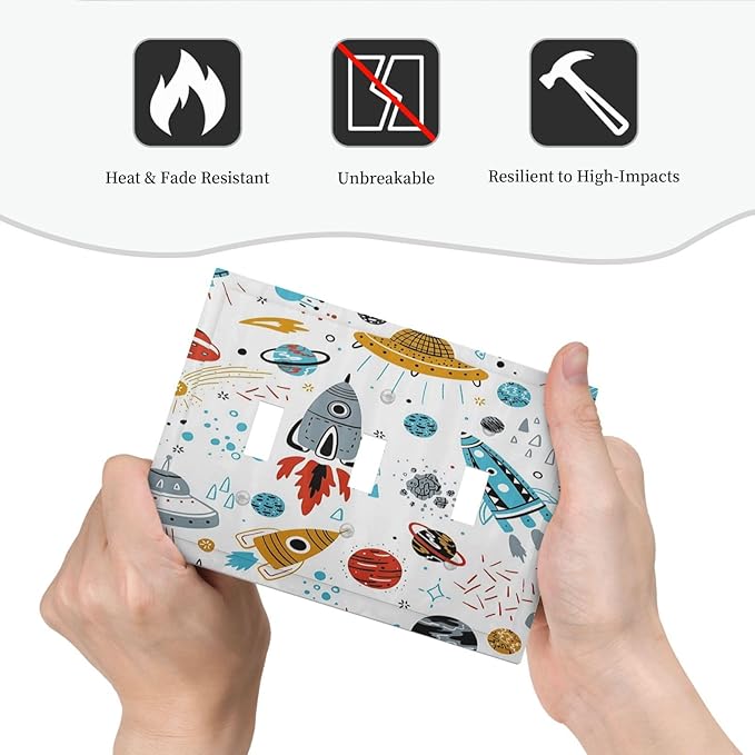 Cartoon Space Rocket Boys Universe Planet 3 Gang Light Switch Covers Decorative Unique Triple Toggle Wall Plate Electrical Faceplate Switchplate for Nursery Kidroom Bedroom Home Decor