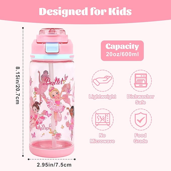 decalsweet Kids Water Bottle 20oz Durable Leak-Proof Plastic Water Cup for Kids Toddlers,With Straw Handle and Pop-Up Spout Cover,Safe for School Sports Daycare Travel & Camp