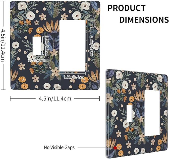 Boho Leaf Floral Navy Blue Background 2 Gang Single Toggle Rocker Combination Light Switch Covers Wall Plate Cover Electrical Faceplate Decorative Switchplate for Farmhouse Bedroom Bedroom Decor