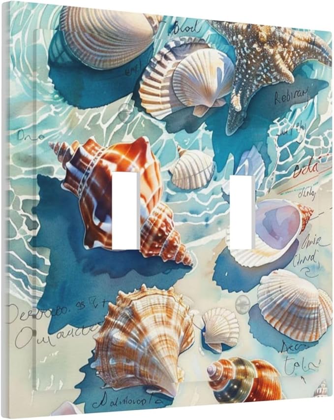 Decorative Switch Plates Ocean Waves Starfish Conch Scallop Shell 2 Gang Double Toggle Outlet Light Switch Cover Wall Plate Electrical Faceplate For Kids Room Nursery Decor