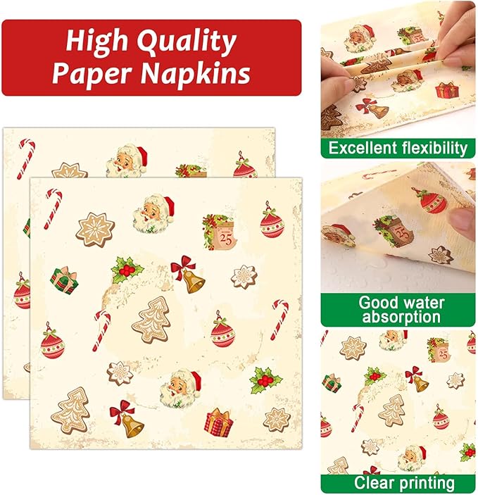 Qyeahkj 100 Pcs Christmas Xmas Party Paper Plates and Napkins, Vintage Holiday Party Supplies Birthday Party Tableware Set Table Decorations Favors with Forks for Girls Boys Kids Serve 25