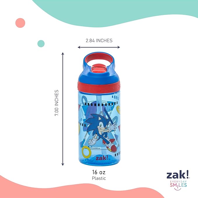 Zak Designs Sonic the Hedgehog Atlantic Kids Water Bottle For School or Travel, 16oz Durable Plastic Water Bottle With Straw, Handle, and Leak-Proof Spout Cover, 2-Pack (Sonic, Knuckles, Tails, Amy)