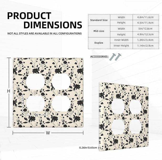 Black Rose Dark Romance Wildflowers Floral Outlet Covers 2 Gang Double Duplex Decorative Light Switch Covers Electrical Wallplates Socket Faceplate for Bedroom Living Room Decor