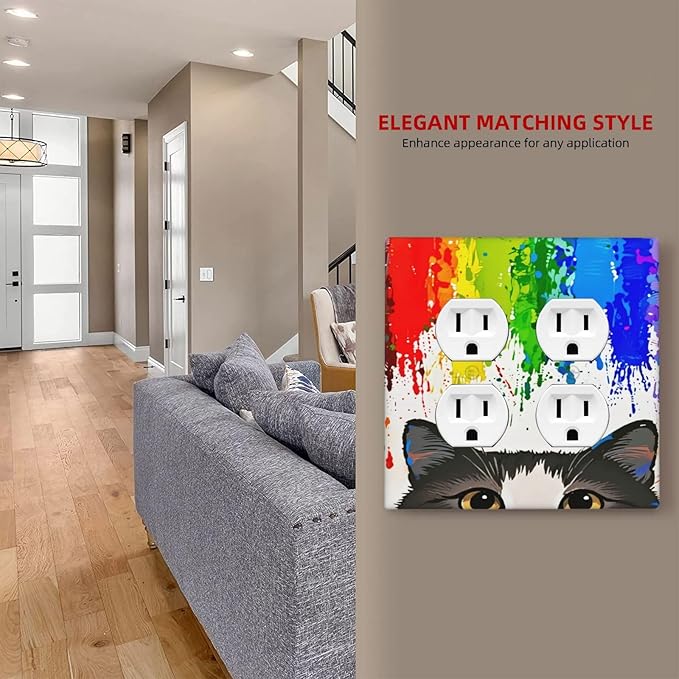 Cat Rainbow Double Duplex Receptacle Outlet Cover Wall Plate Decorative 2 Gang Light Switch Covers Electrical Switchplate Home Decorate Faceplat for Bathroom Bedroom Kitchen Room 4.5 x 4.5 Inch