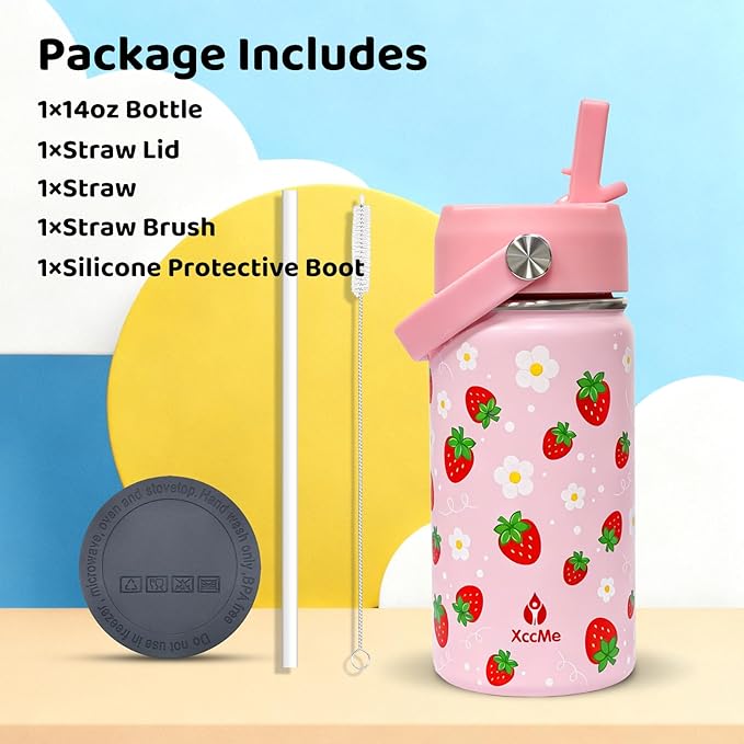 14oz Strawberry Kids Water Bottle With Straw Lid,Insulated Double Wall Leak Proof & BPA-Free Kids Water Bottle,Stainless Steel Tumbler for Toddlers,Metal Bottle for School Boys Girls