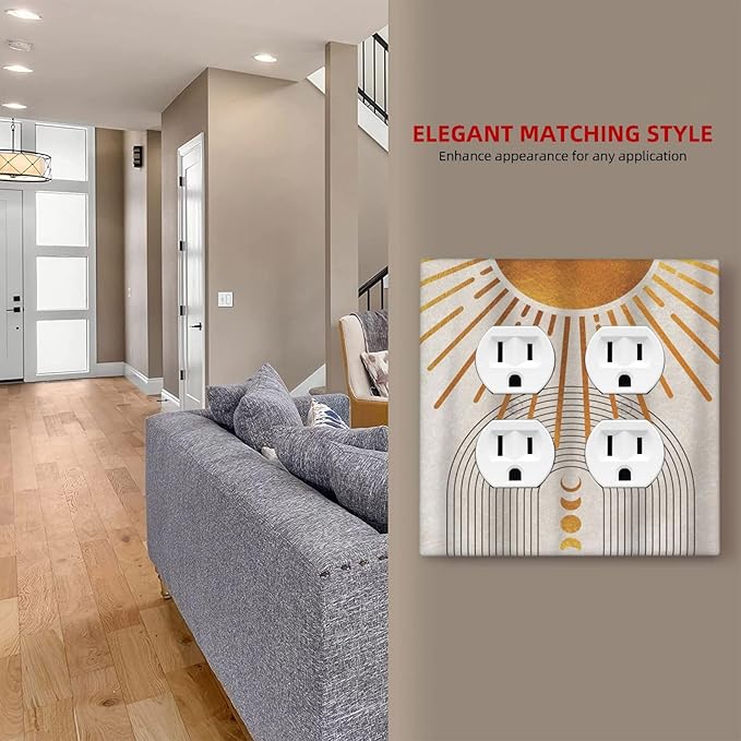 Decorative Outlet Covers Mid Century Gold Sun Abstract Arch Boho Moon 2 Gang Wall Plate Cover Double Duplex Receptacle Two Switch Light Switch Cover Plate Jumbo Dual Face Plate