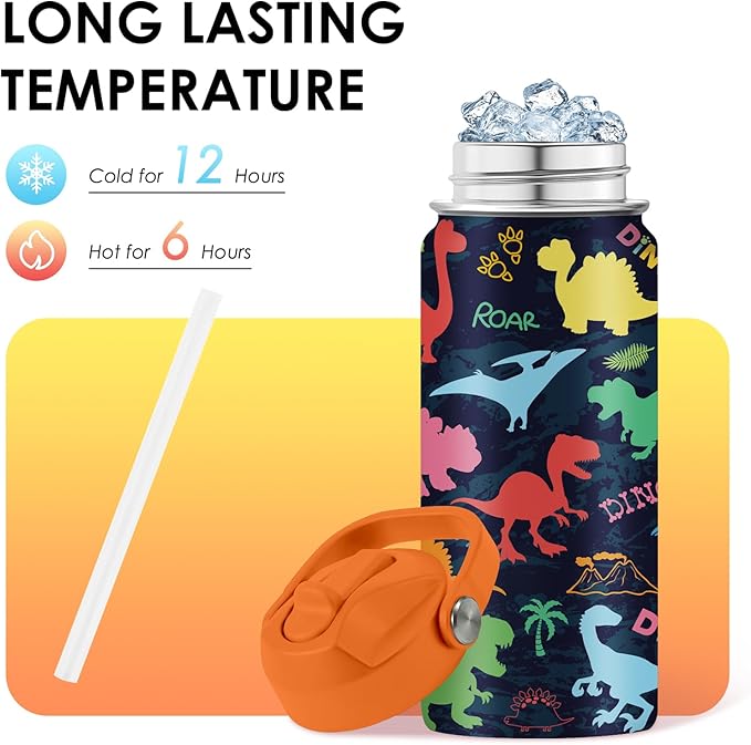Dinosaur Gifts for Kids - 16oz Colorful Dino Water Bottle with Straw Lid, Stainless Steel Insulated Tumbler, Leakproof, BPA-Free, for Boys & Girls, School, Travel - Dino Lovers Birthday Gift Cup (1pc)