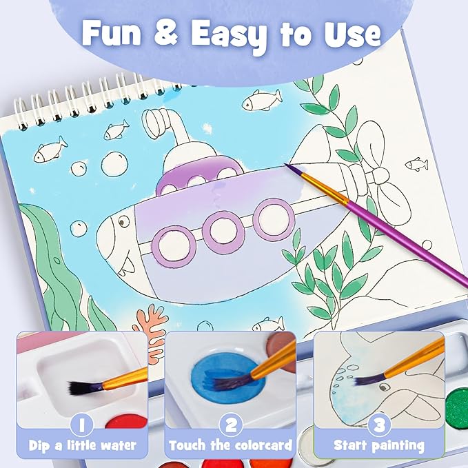 JCREN Paint with Water Books for Kids, Watercolor Coloring Book Mess Free Watercolor Painting Set, Arts and Crafts Water Color Paint Kit Birthday Gifts for Kids Toddlers 3-5 Boys Girls(Sea)