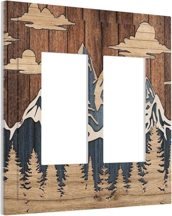 Blue Mountain Range Forest Nature Wilderness Wood Texture Decorative Outlet Covers 2 Gang Double GFCI Rocker Electrical Wall Panels Light Switch Cover Plate for Farmhouse Home Decor